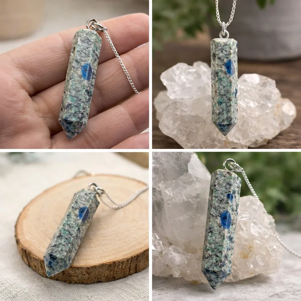 K2 Stone Pendant Boho Witchy Crystal‎ Point Blue Azurite Granite